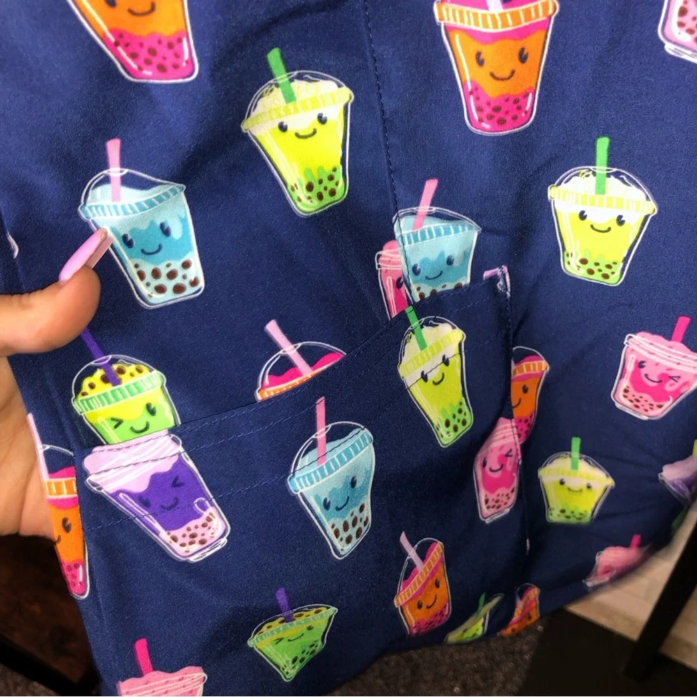 NWT Maevn Blue Boba drink Pattern short sleeve V neck scrub top - Picture 3 of 7